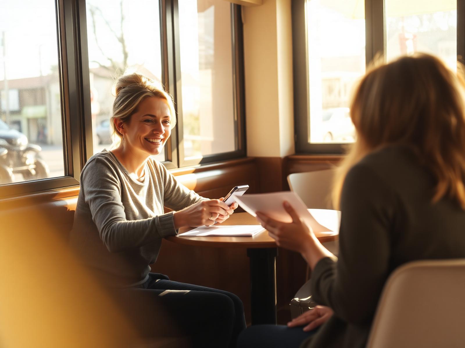 A local meeting a client at a café, helping with paperwork and a phone call